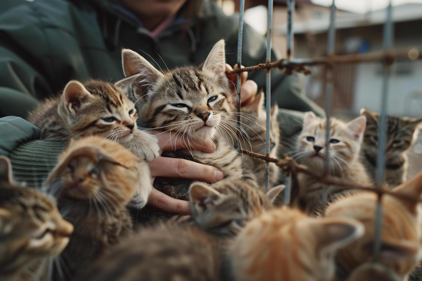 Uplifting Volunteer Brushing Group of Shelter Cats Their Purrs and Relaxed Expressions Indicating Enjoyment and Trust Background Included photo