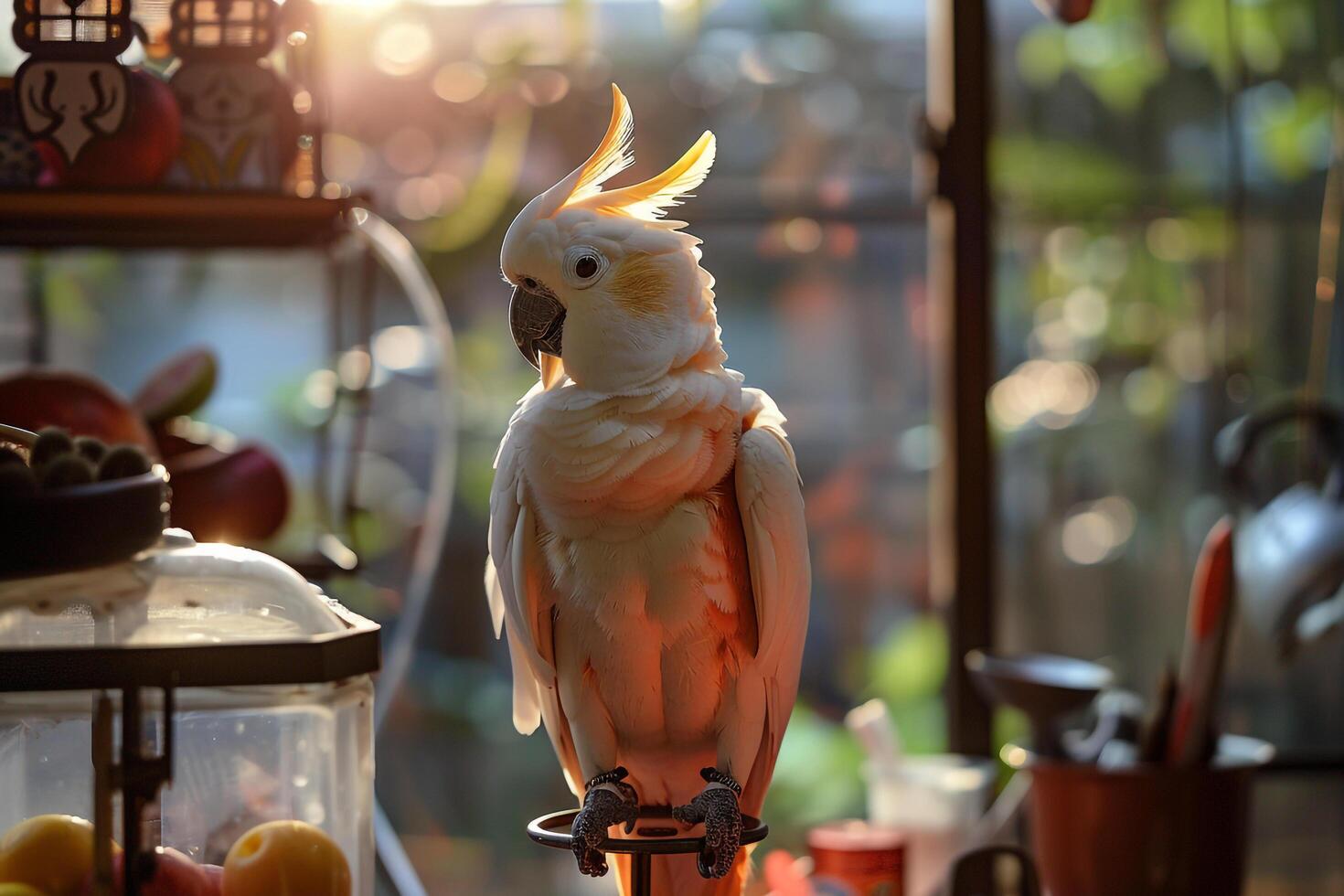 Trusting cockatoo perched on stand owner trims beak with bird safe materials background Nature photo