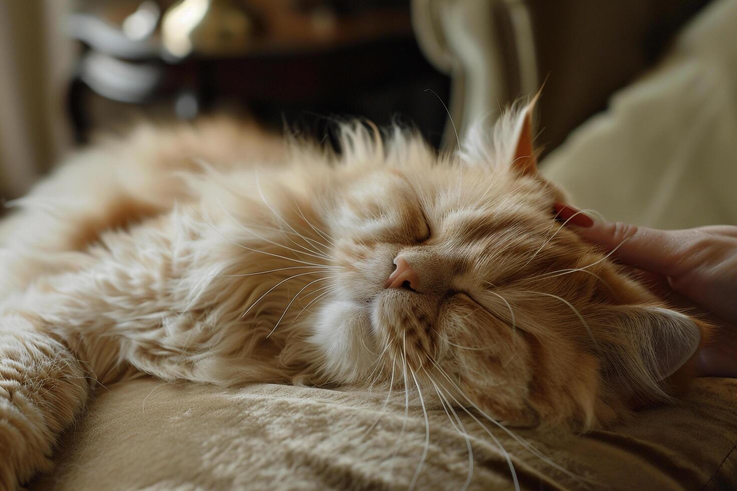 Relaxed Persian cat lying on velvet cushion while its owner uses grooming glove to massage its fur creating soothing and comforting experience photo