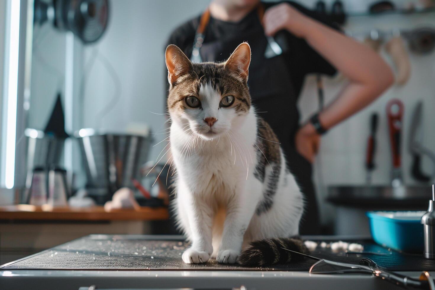 Content cat calmly on grooming table nails trimmed with music playing background Nature photo