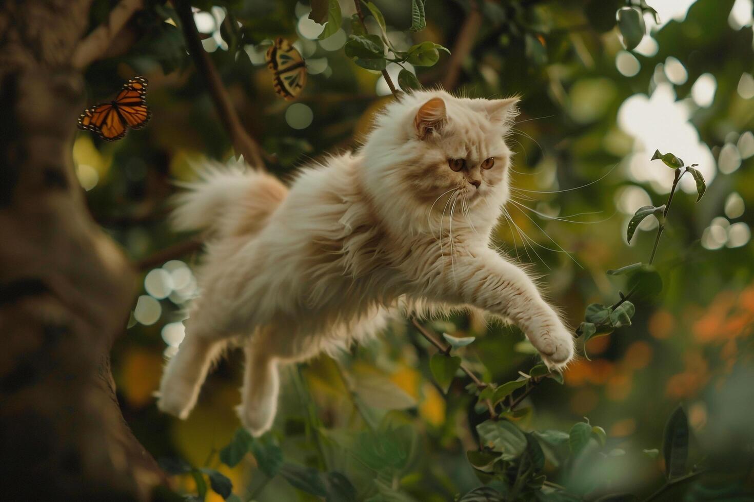 Playful Persian cat leaping gracefully between tree branches in lush garden eyes fixed on fluttering butterflies photo