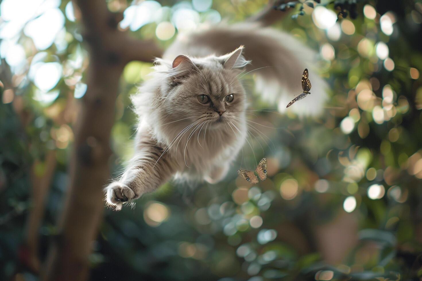 Playful Persian cat leaping gracefully between tree branches in lush garden eyes fixed on fluttering butterflies photo
