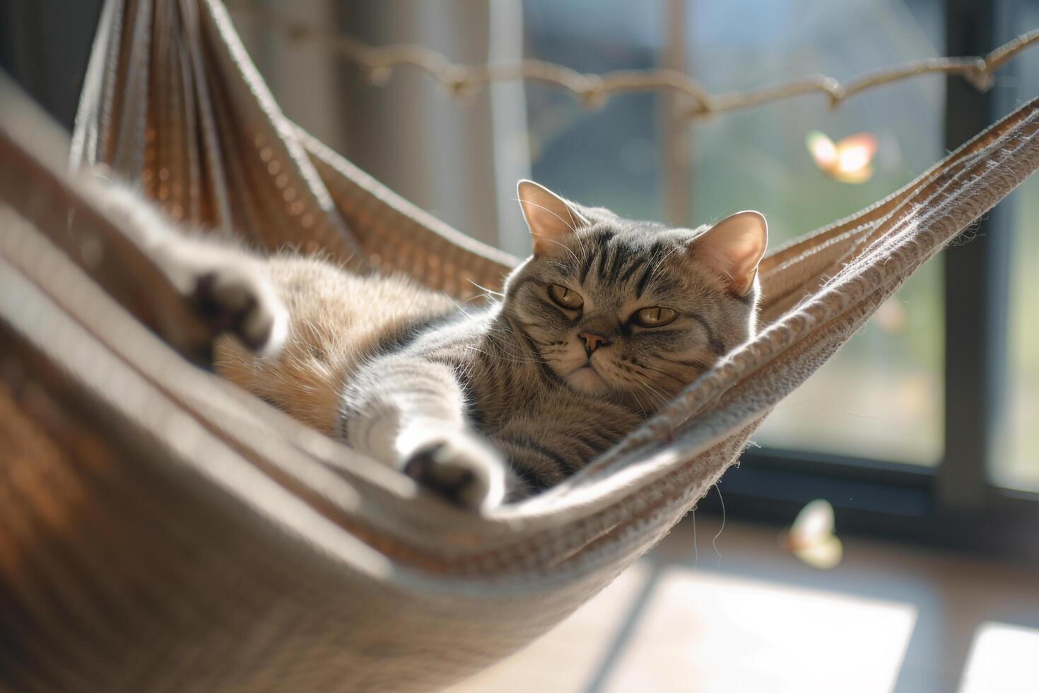 Relaxed Scottish Fold cat lounging in cozy hammock on sunlit balcony lazily watching birds flutter by photo
