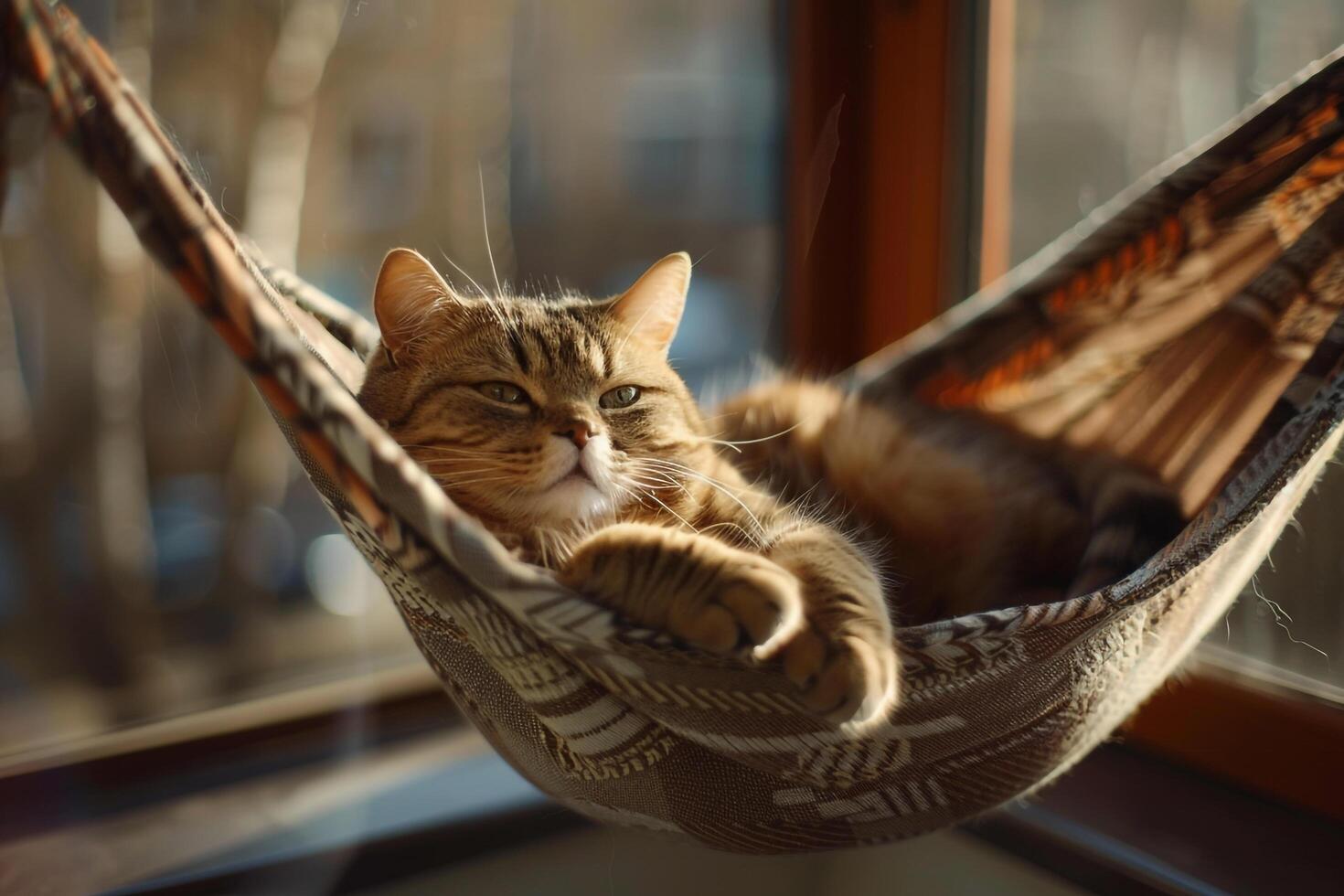 Relaxed Scottish Fold cat lounging in cozy hammock on sunlit balcony lazily watching birds flutter by photo