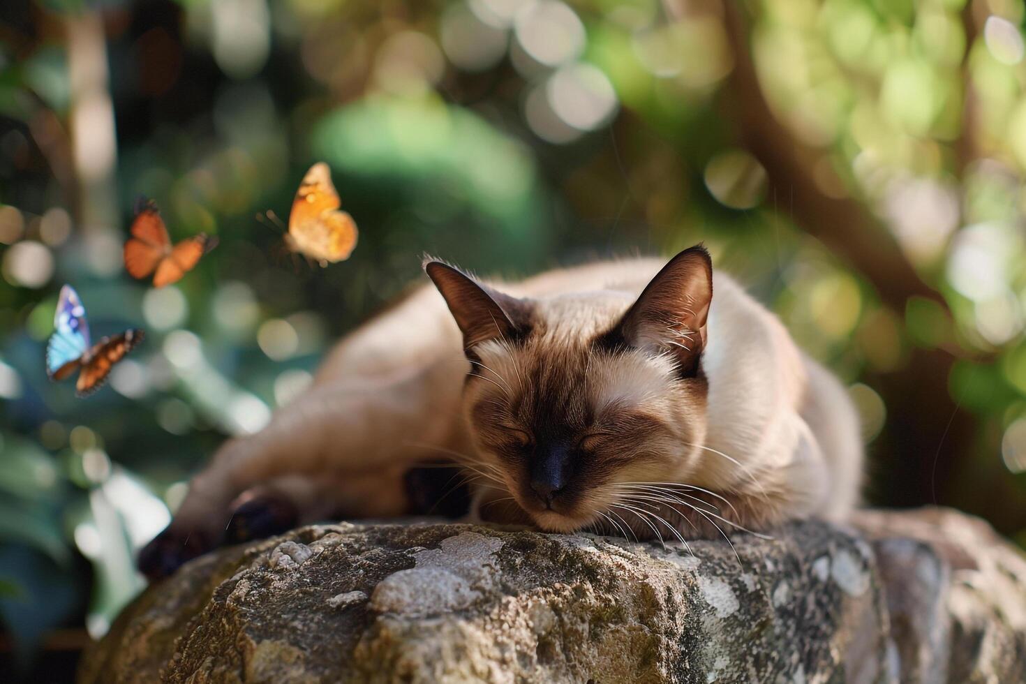 Relaxed Siamese cat lounging on sun warmed rock in garden lazily batting at passing butterflies photo