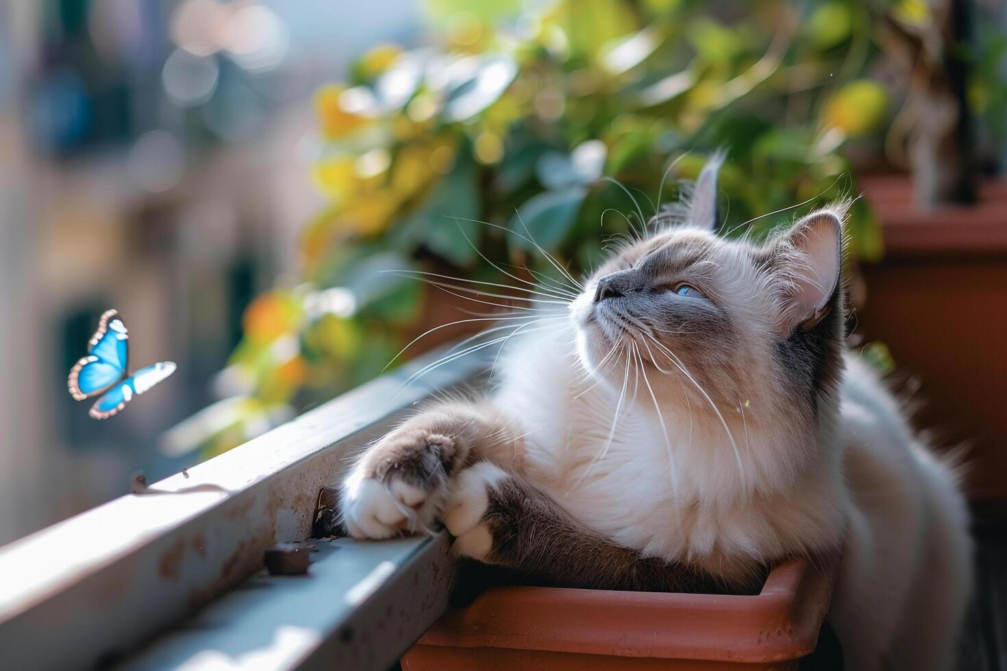 Relaxed Ragdoll cat lounging on sun warmed balcony lazily batting at passing butterflies with gentle paws photo