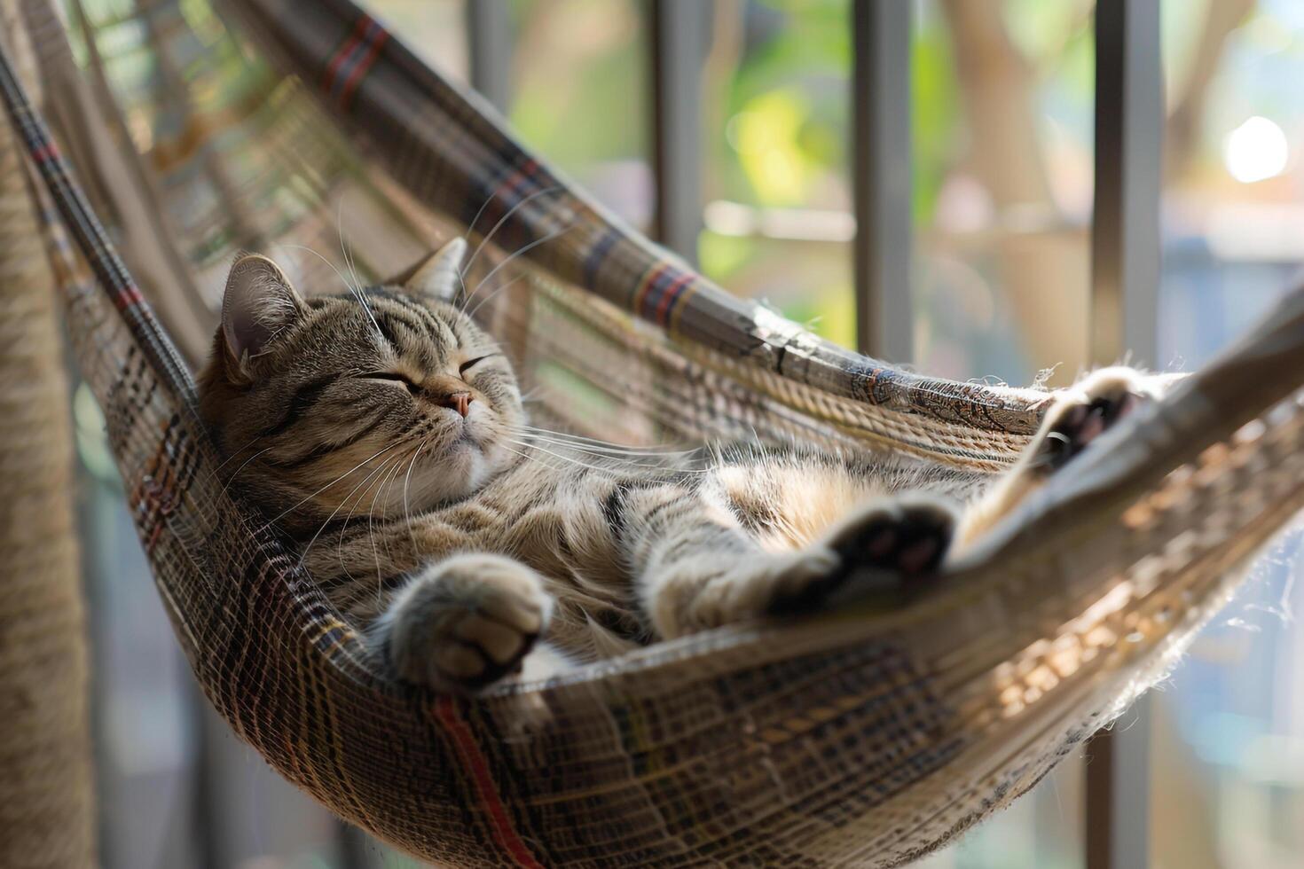 Relaxed Scottish Fold cat lounging in cozy hammock on sunlit balcony lazily watching birds flutter by photo