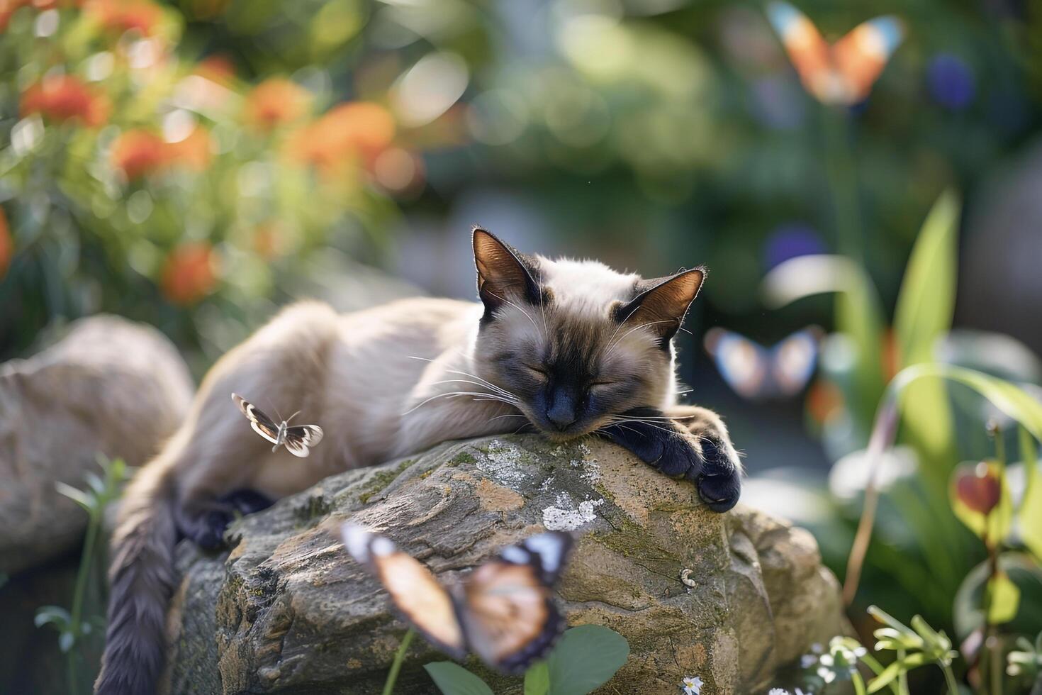 Relaxed Siamese cat lounging on sun warmed rock in garden lazily batting at passing butterflies photo