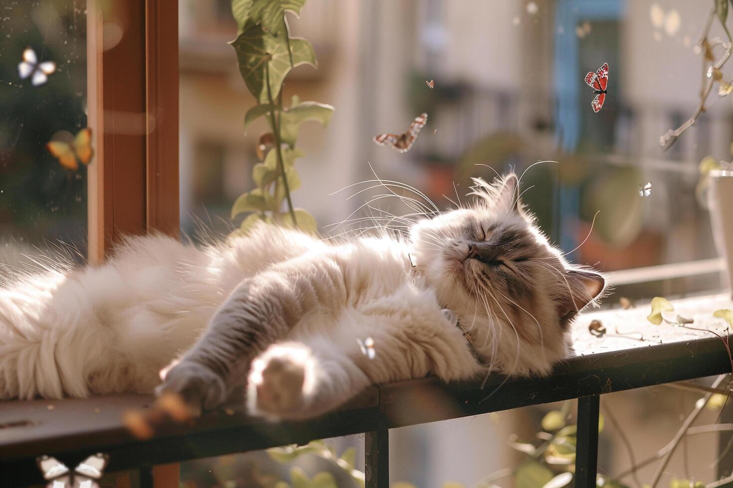 Relaxed Ragdoll cat lounging on sun warmed balcony lazily batting at passing butterflies with gentle paws photo