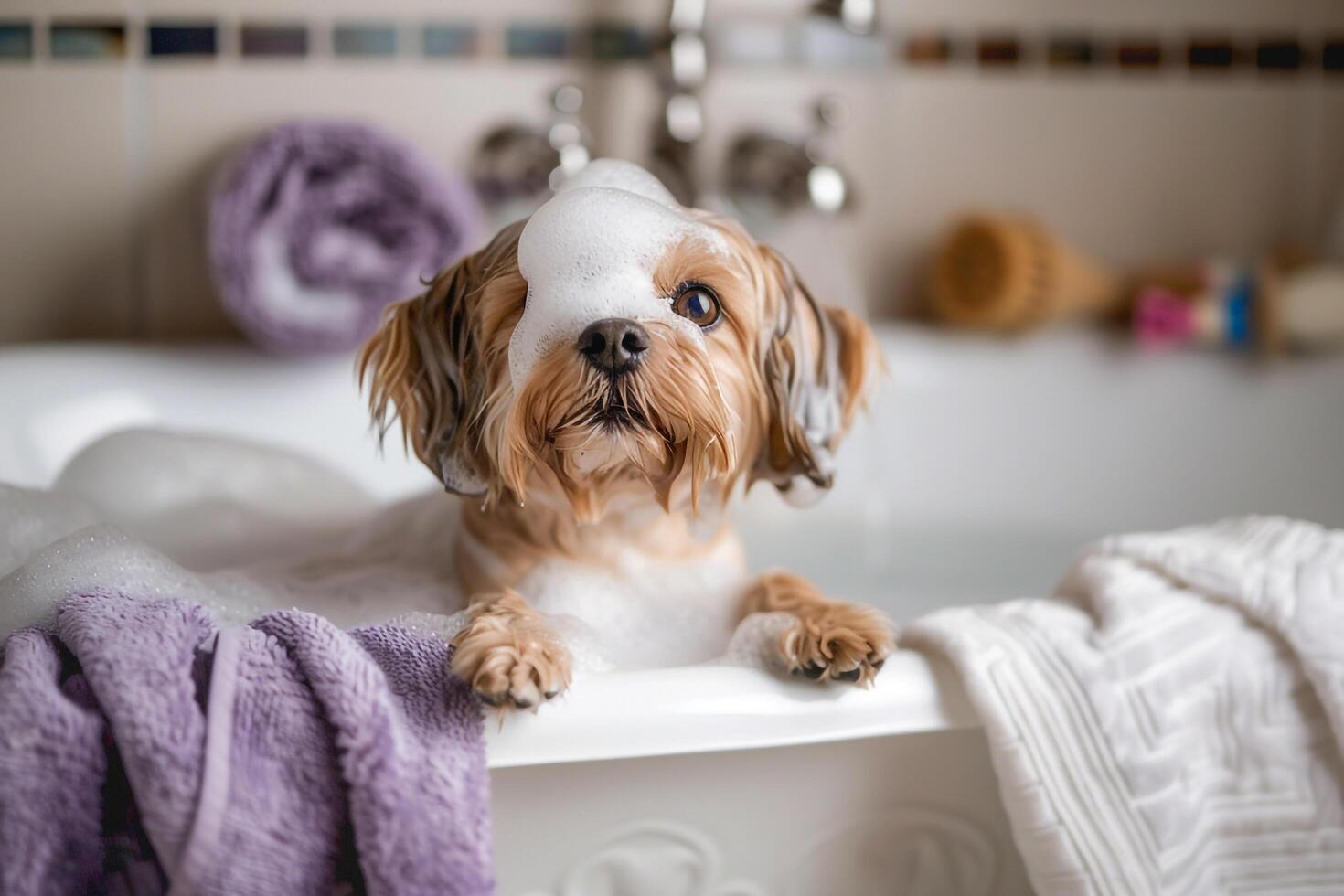 Pampered small dog receiving bubble bath in vintage bathtub filled with lavender scented water surrounded by fluffy towels and bath toys photo