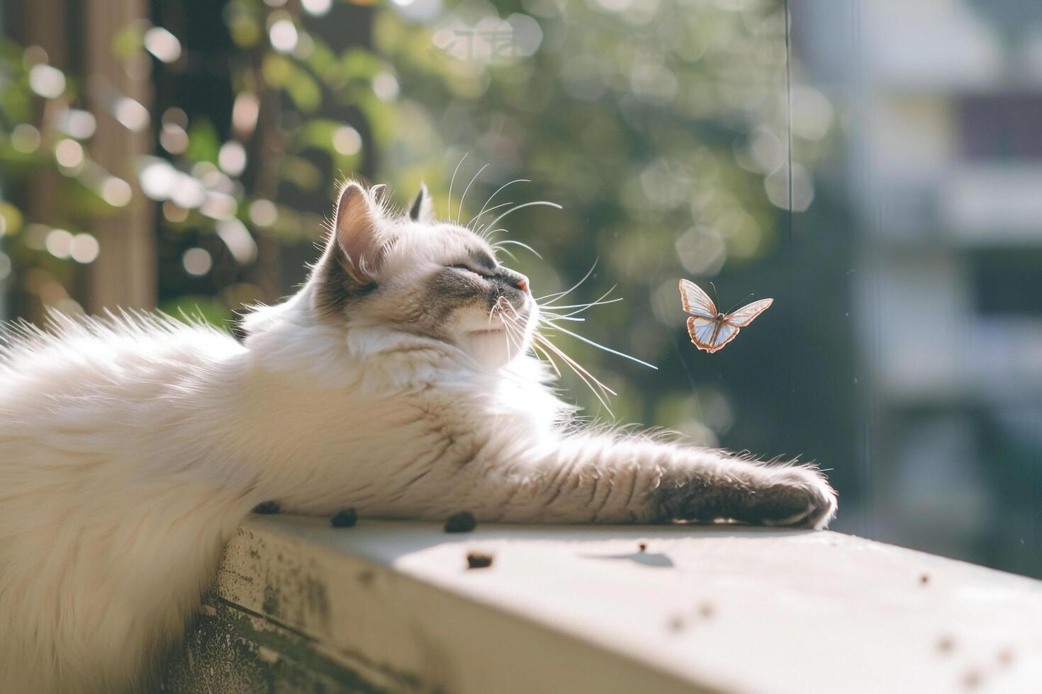 Relaxed Ragdoll cat lounging on sun warmed balcony lazily batting at passing butterflies with gentle paws photo