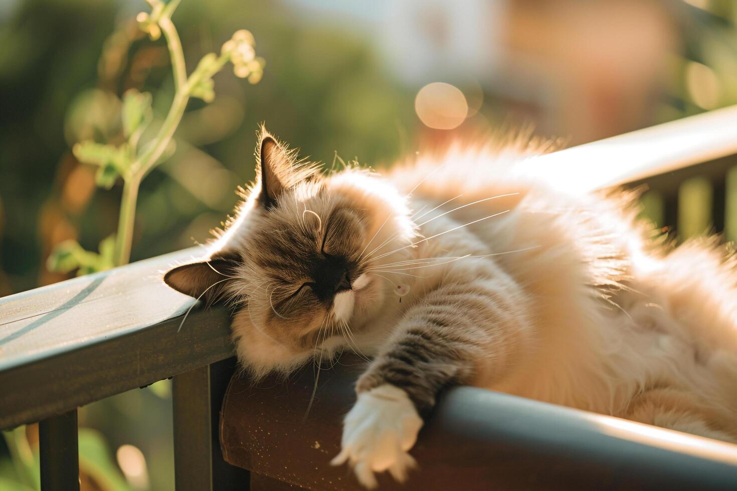 Relaxed Ragdoll cat lounging on sun warmed balcony lazily batting at passing butterflies with gentle paws photo