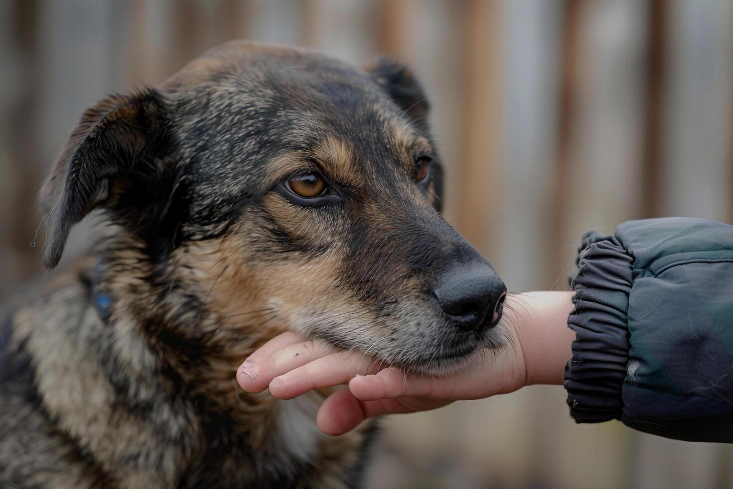 Mixed Breed Dog Nuzzling Childs Hand in Backyard with Trust photo