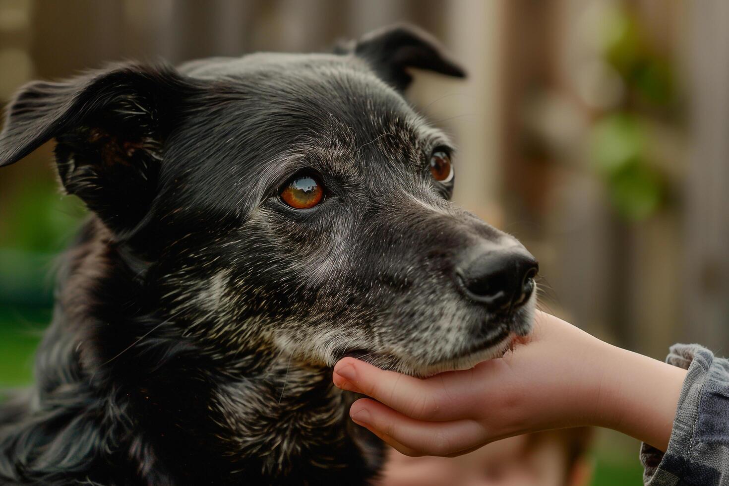 Mixed Breed Dog Nuzzling Childs Hand in Backyard with Trust photo