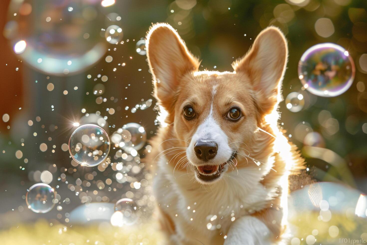 Playful Corgi Chasing Bubbles in Backyard Garden photo