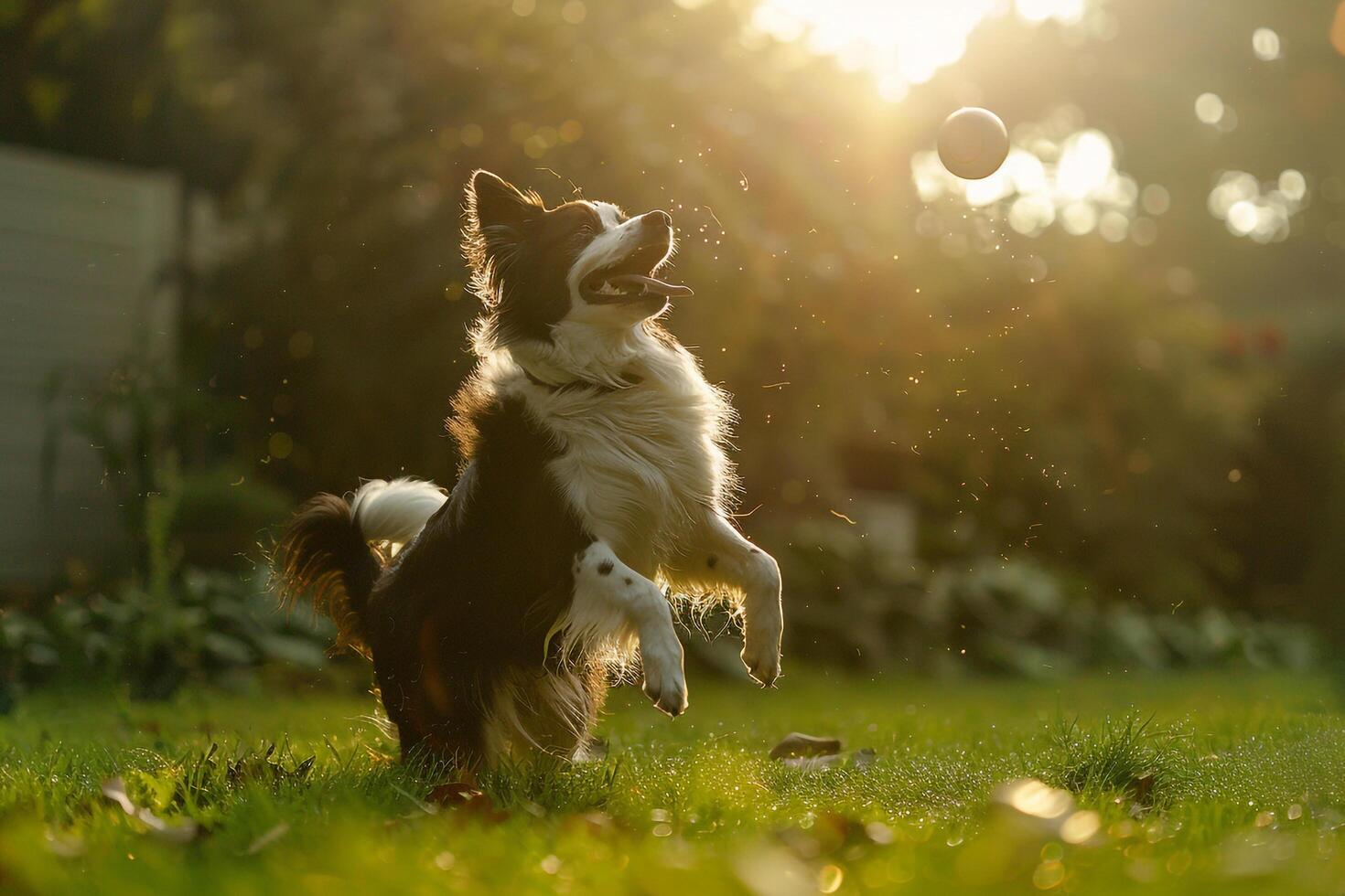 Playful Border Collie Catching Frisbee Mid Air on Lush Green Lawn photo