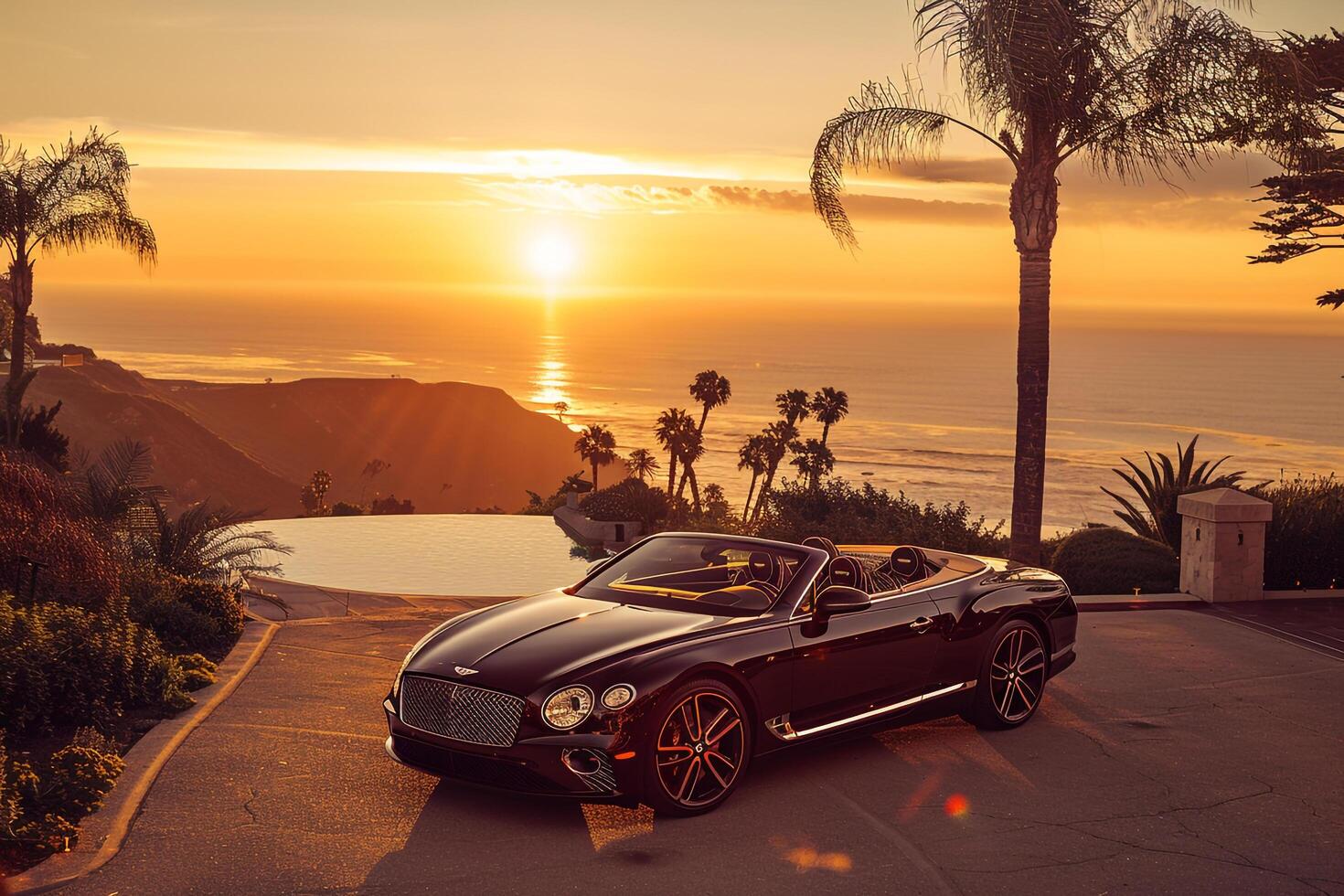 New Convertible in Luxurious Coastal Setting with Ocean and Sunset photo