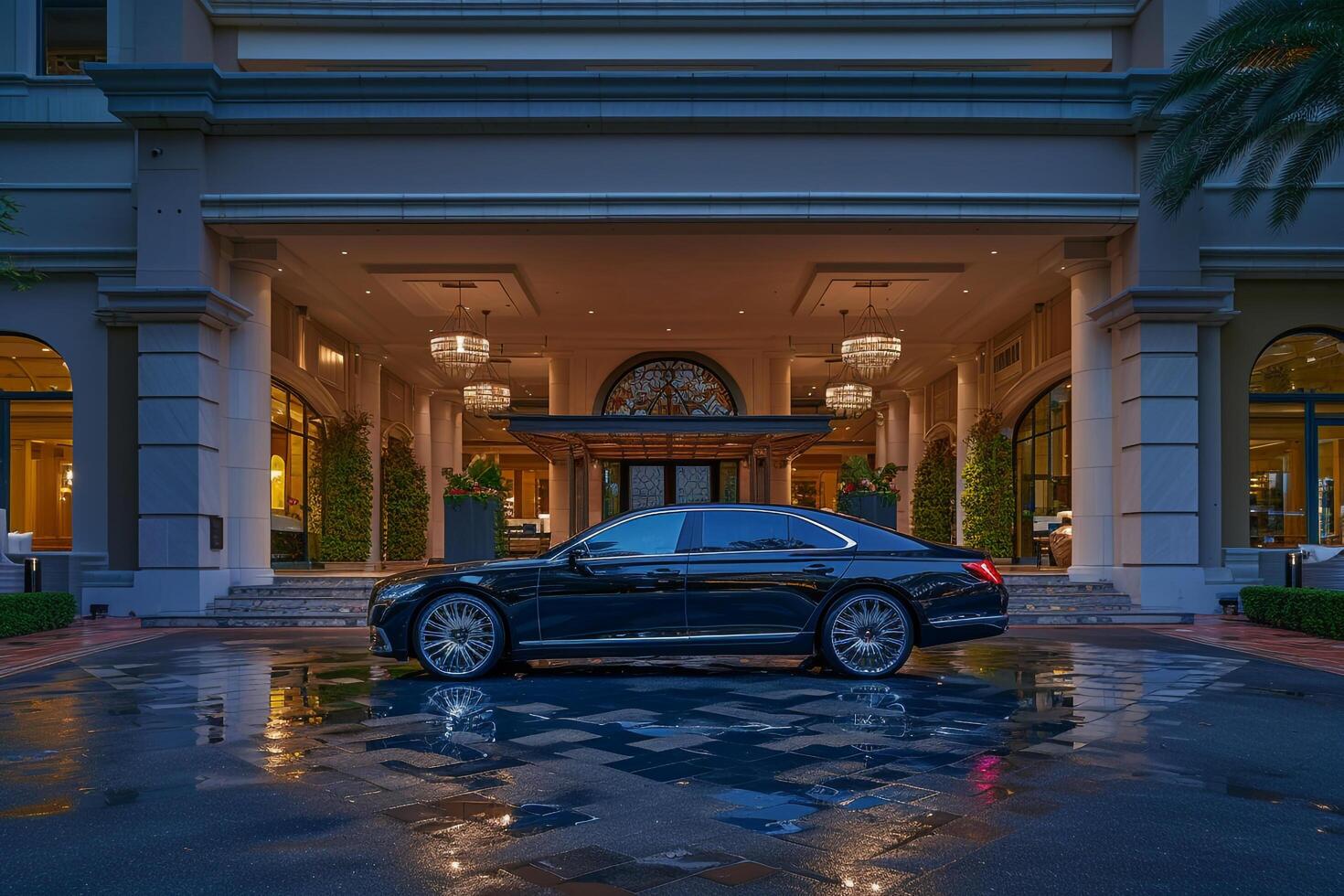 High End Sedan Parked at Entrance of Prestigious Luxury Hotel with Valet photo