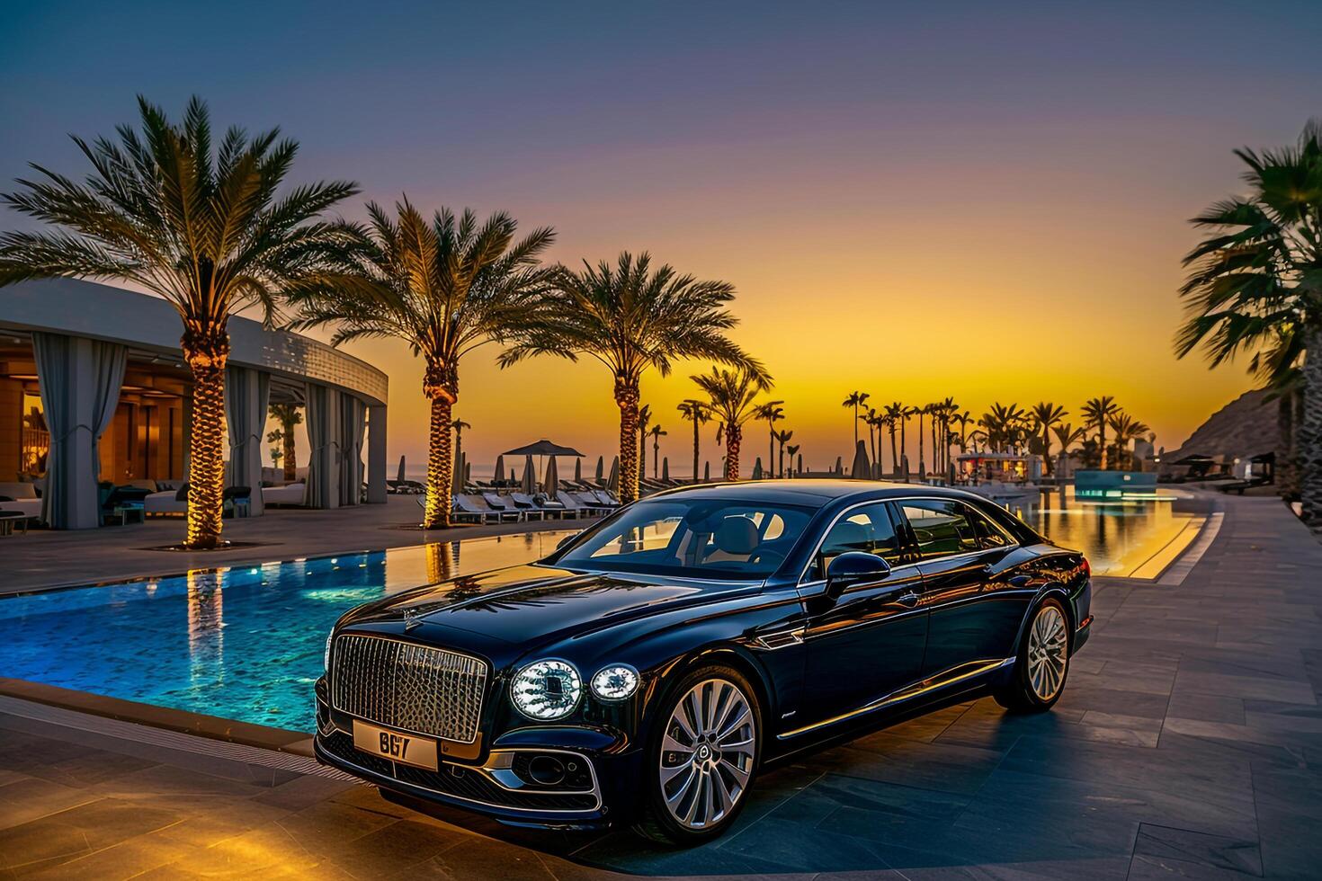 High End Sedan Parked at Luxury Resort with Palm Trees and Infinity Pool photo