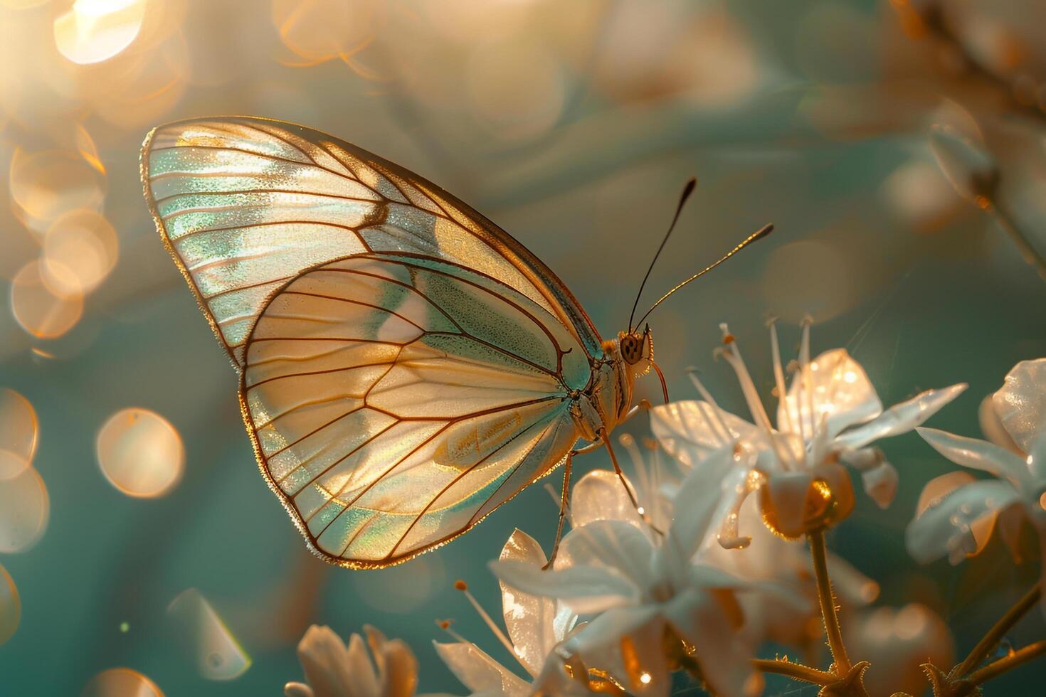 Sunlight Illuminating Intricate Veins of Translucent Butterfly Wing Resting on Flower photo