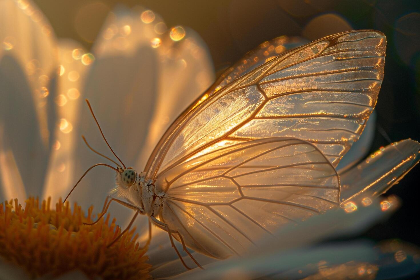 Sunlight Illuminating Intricate Veins of Translucent Butterfly Wing Resting on Flower photo