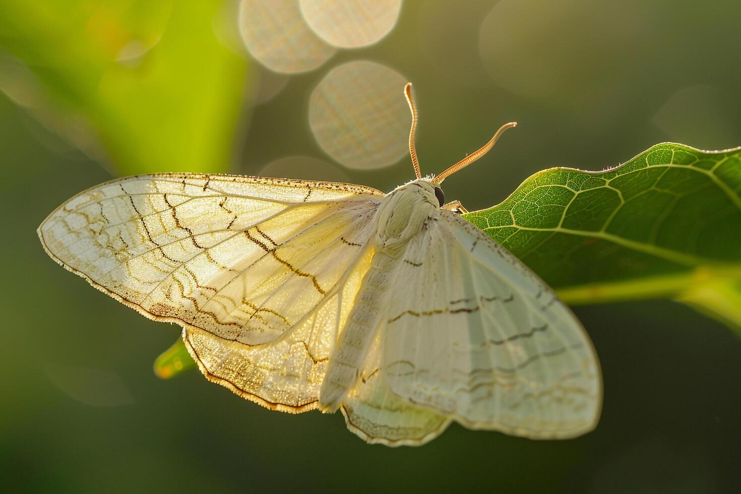 Nature Delicate Sunlight Creating Intricate Patterns on the Translucent Wings of Moth Resting on Leaf nature background photo
