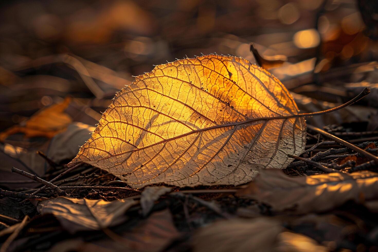 Nature Delicate Sunlight Illuminating the Intricate Veins of Translucent Autumn Leaf on the Forest Floor nature background photo