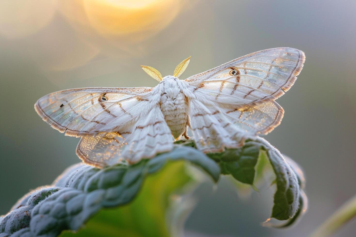 Nature Delicate Sunlight Creating Intricate Patterns on the Translucent Wings of Moth Resting on Leaf nature background photo