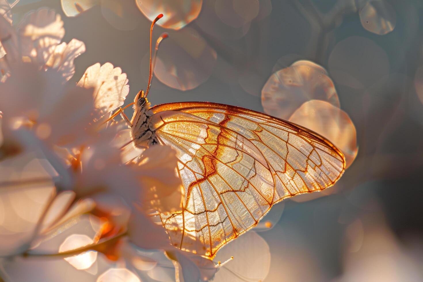 Nature Delicate Sunlight Illuminating the Intricate Veins of Translucent Butterfly Wing Resting on Flower nature background photo