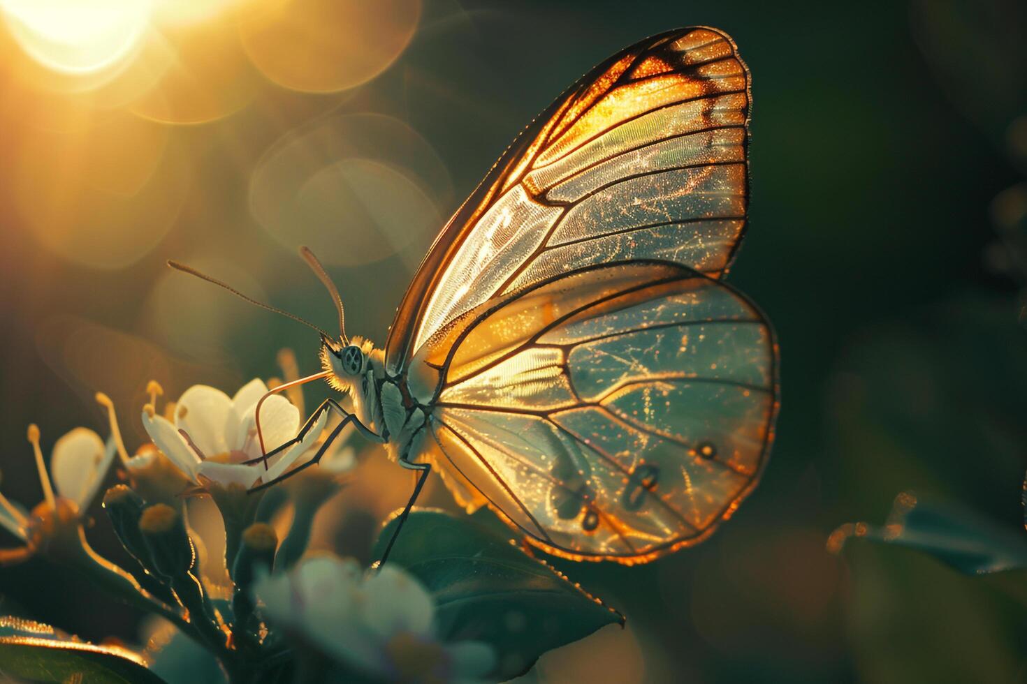 Nature Delicate Sunlight Illuminating the Intricate Veins of Translucent Butterfly Wing Resting on Flower nature background photo