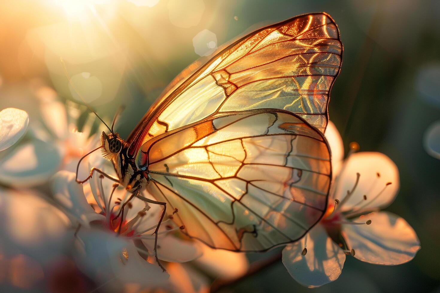 Nature Delicate Sunlight Illuminating the Intricate Veins of Translucent Butterfly Wing Resting on Flower nature background photo