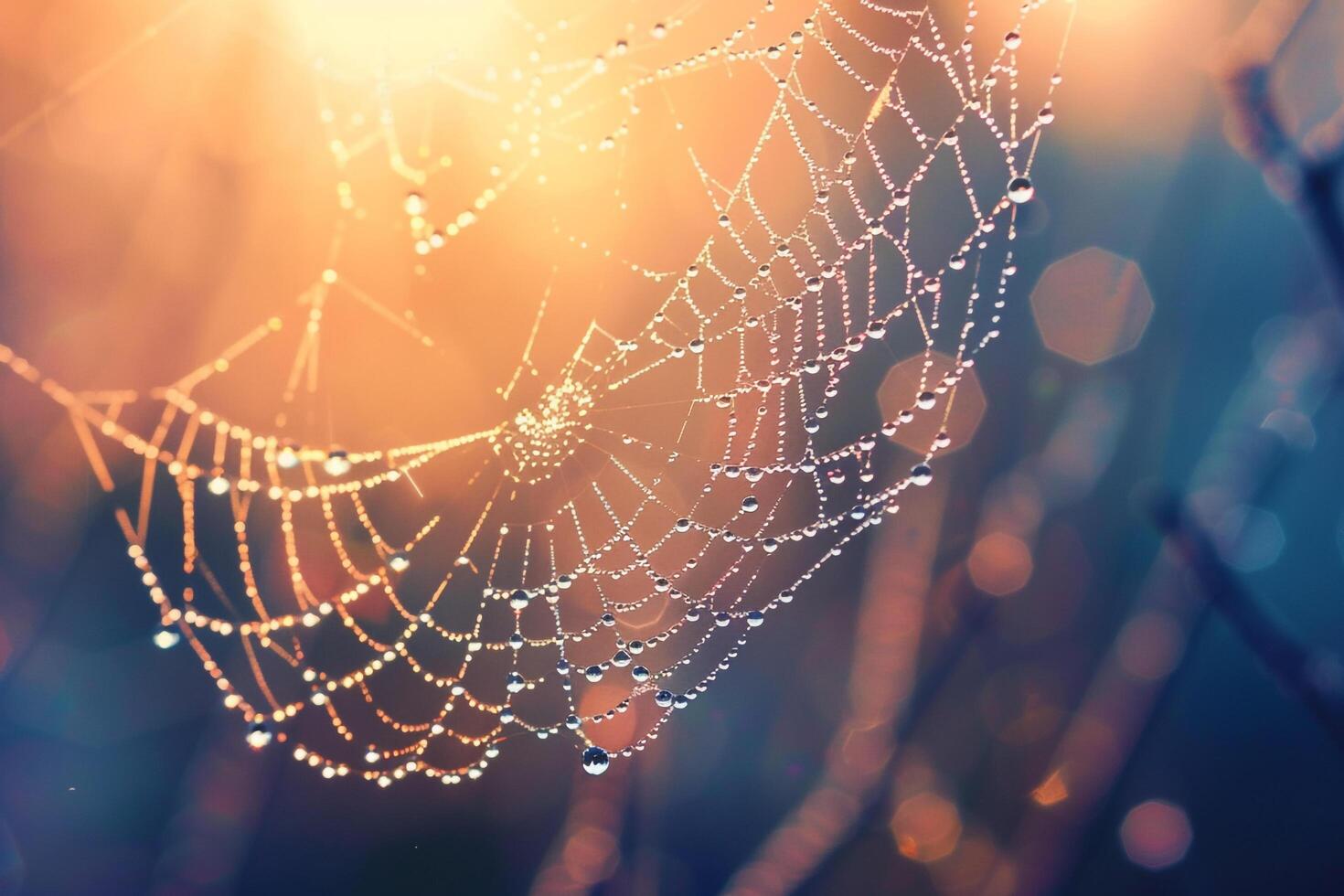 Nature Delicate Early Morning Sunlight Illuminating Tiny Water Droplets on Spiders Web Creating Prism Effect nature background photo