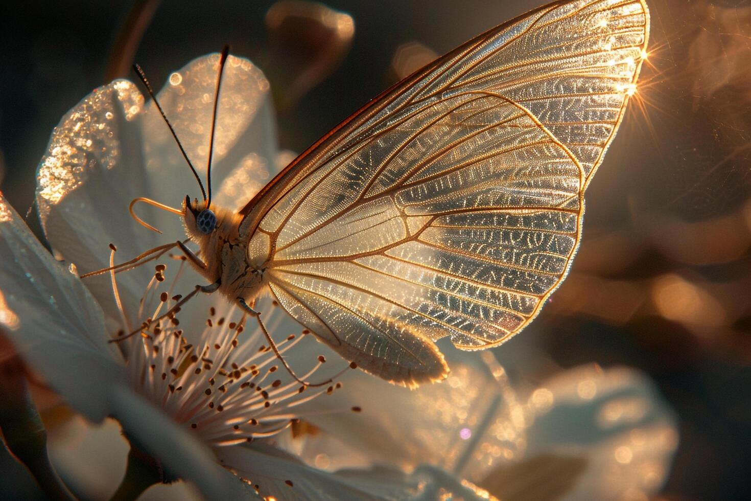 Nature Delicate Sunlight Illuminating the Intricate Veins of Translucent Butterfly Wing Resting on Flower nature background photo