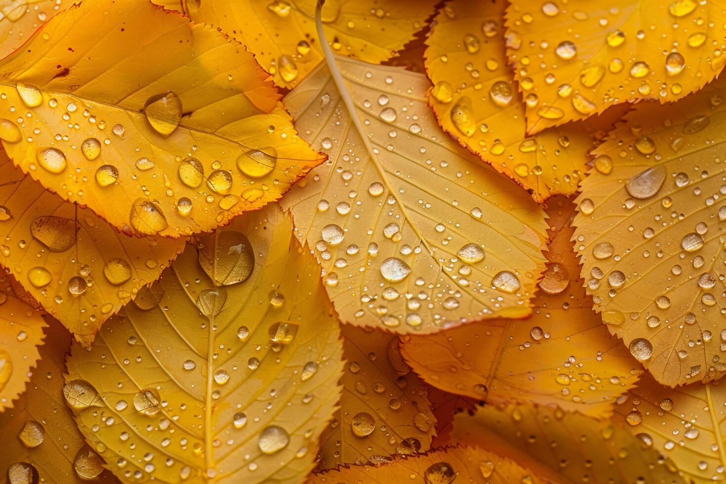 Nature Dewdrops on Intricate Patterns of Yellow Birch Leaves in Autumn nature background photo