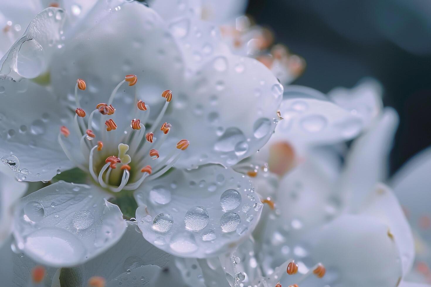 Nature Raindrops on Delicate White Pear Blossoms nature background photo