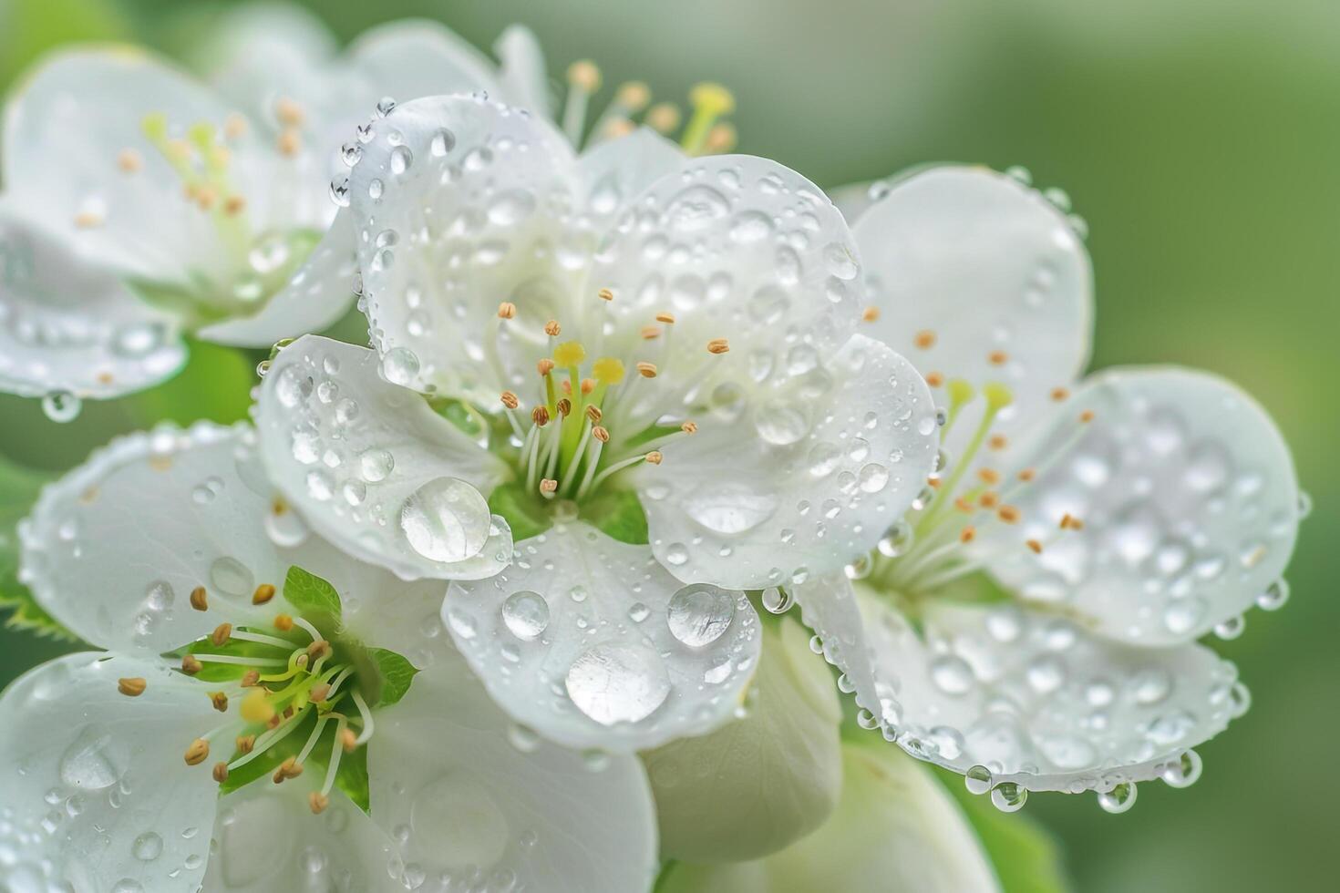 Nature Raindrops on Delicate White Pear Blossoms nature background photo