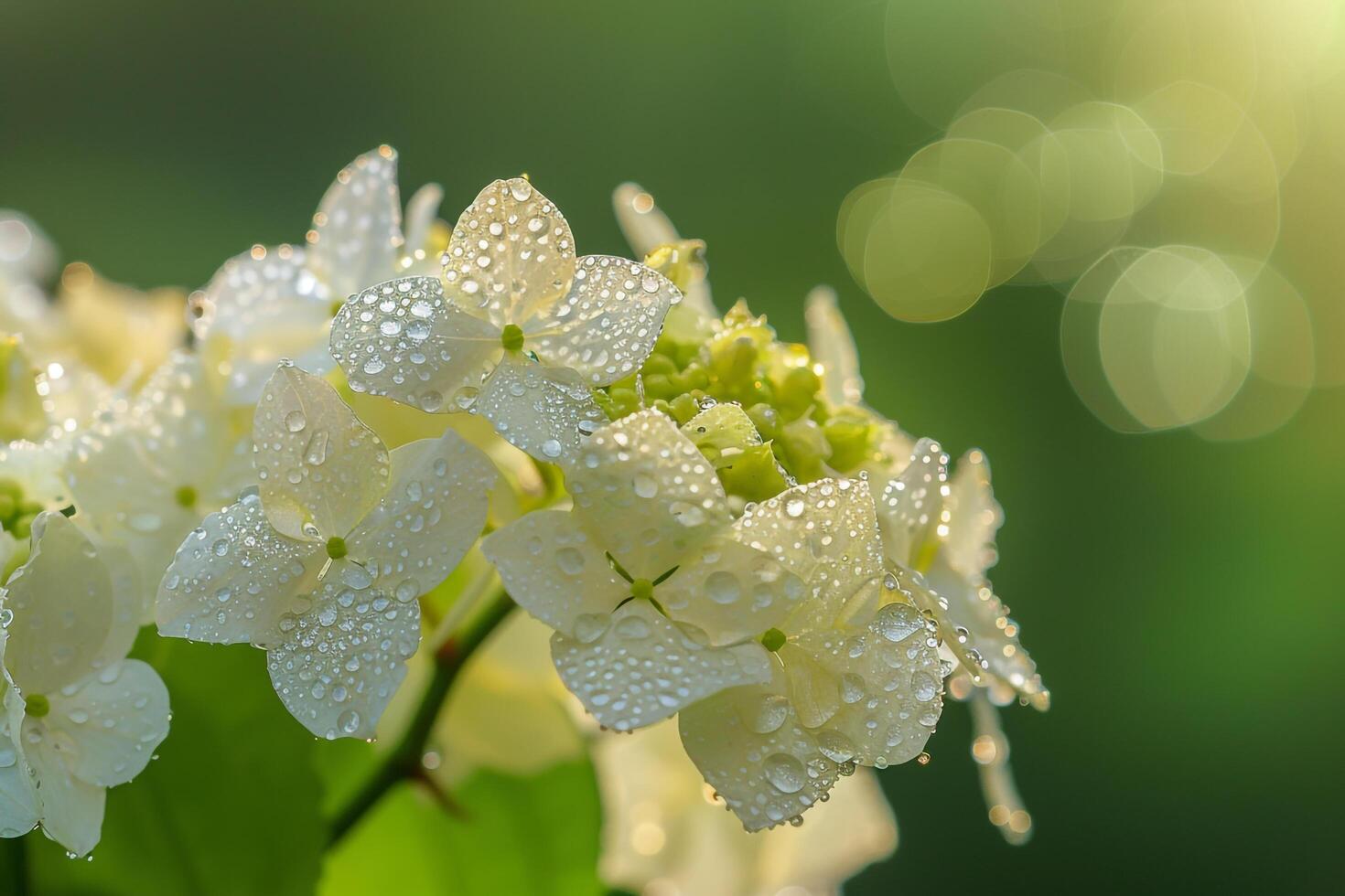 Delicate Sunlight Illuminating Cluster of Morning Dew Covered Flowers nature background photo