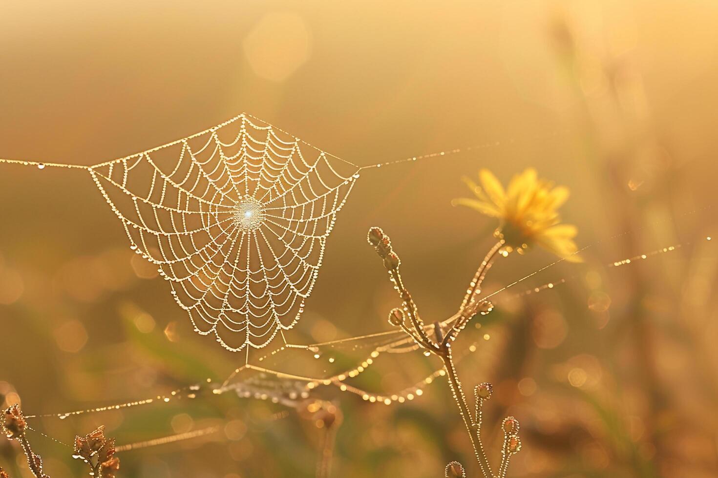 Delicate Sunlight Illuminating Single Dew Covered Spider Web in the Early Morning nature background photo