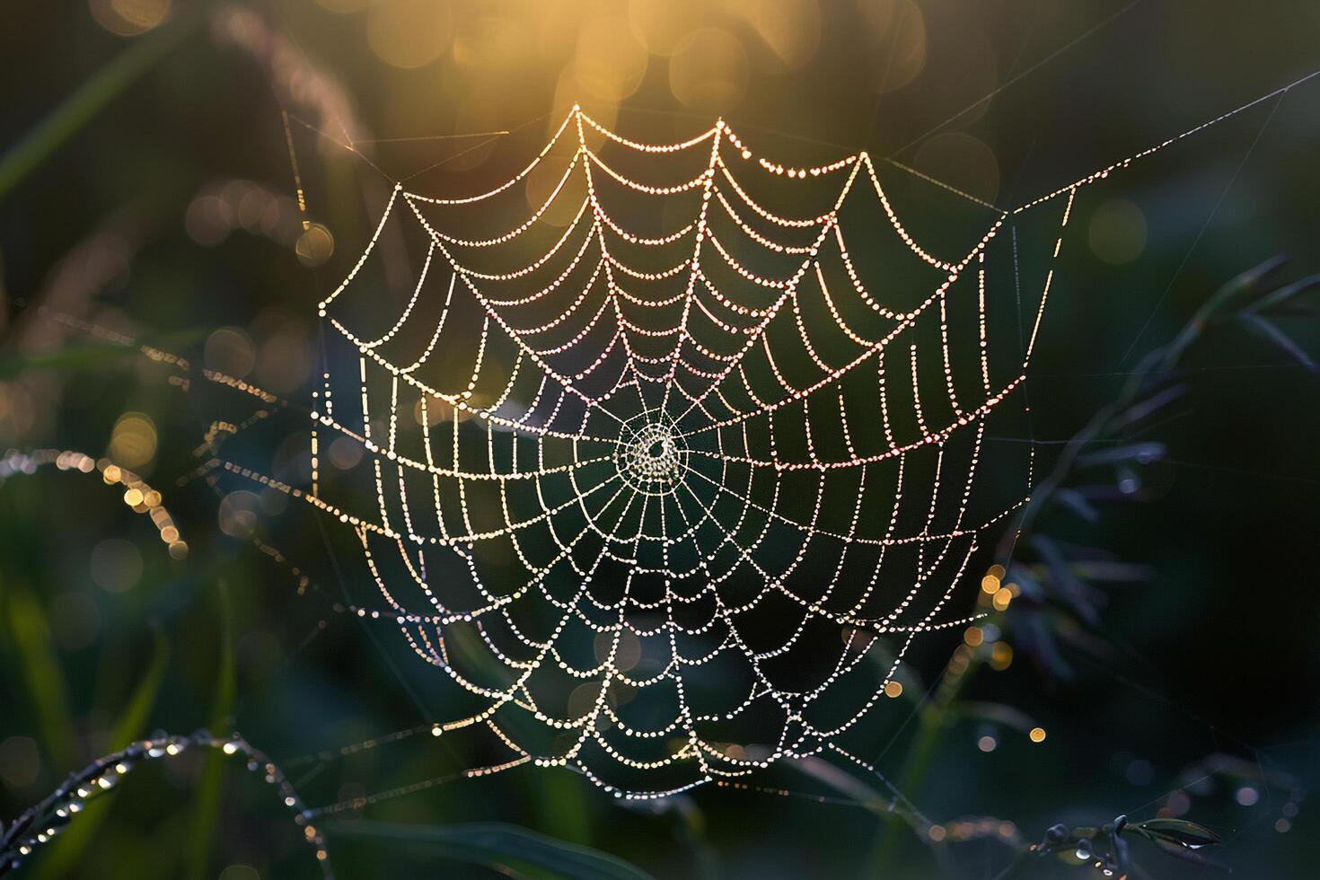 Delicate Sunlight Illuminating Single Dew Covered Spider Web in the Early Morning nature background photo