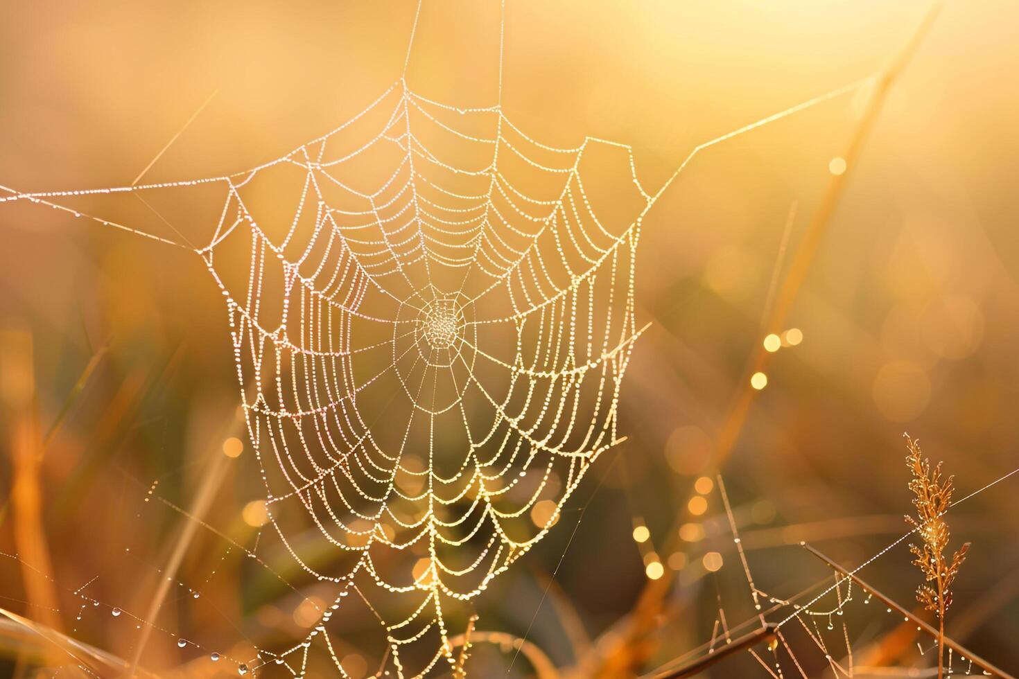 Early Morning Dew on Spider Web with Sunlight nature background photo