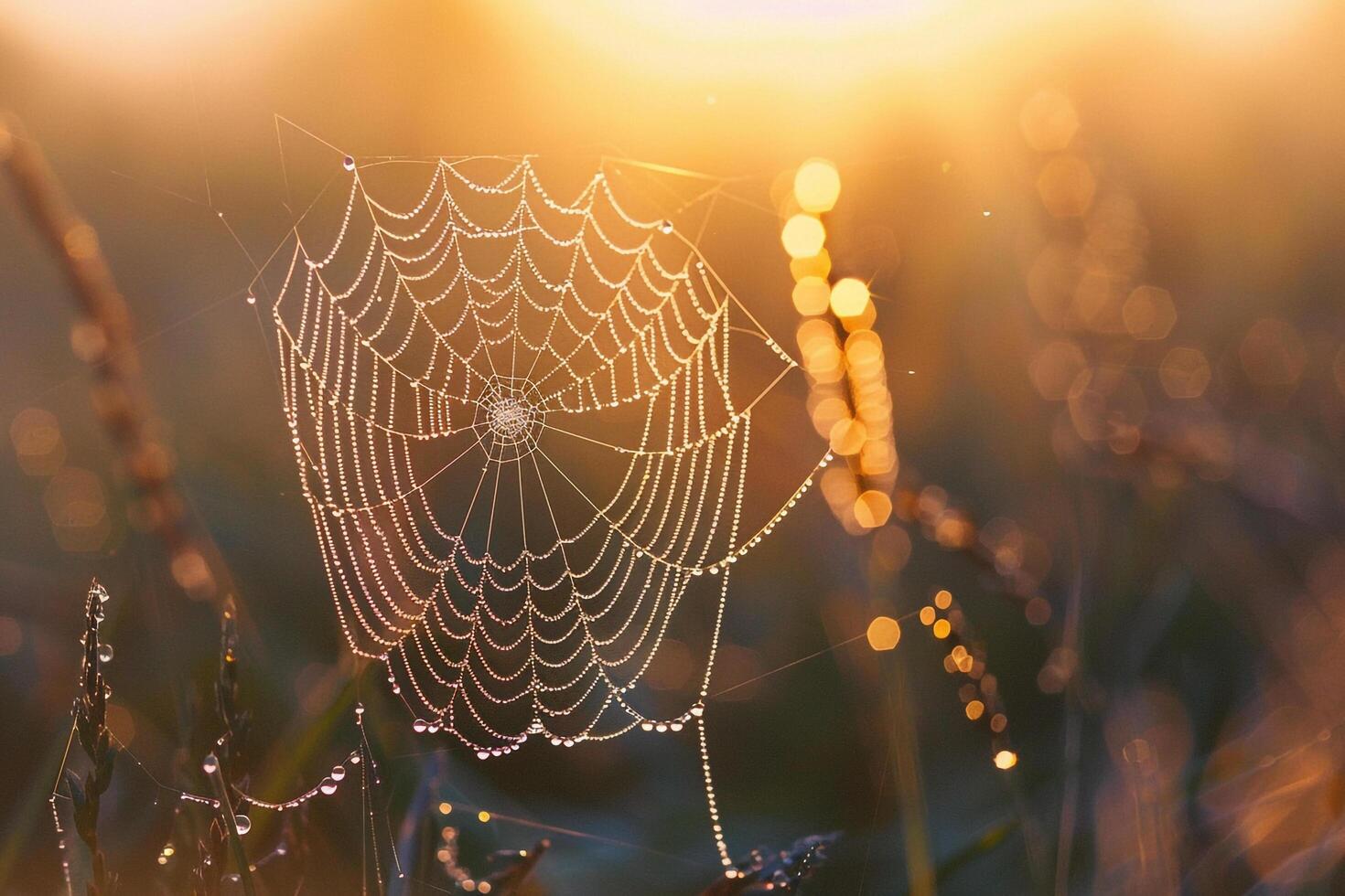 Single Dew Covered Spider Web with Morning Sunlight nature background photo
