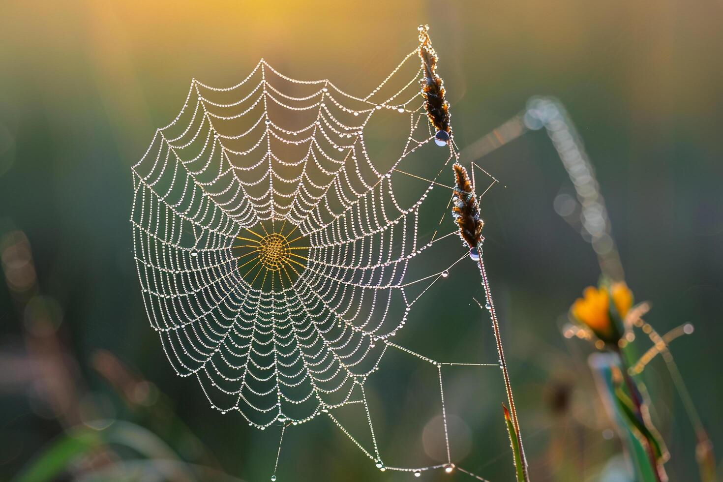 Dew Covered Spider Web in Morning Sunlight nature background photo