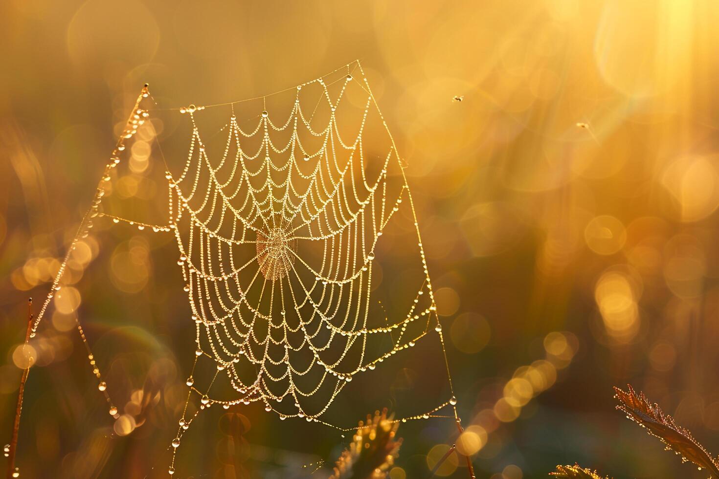 Dew Covered Spider Web Illuminated by Morning Sunlight nature background photo