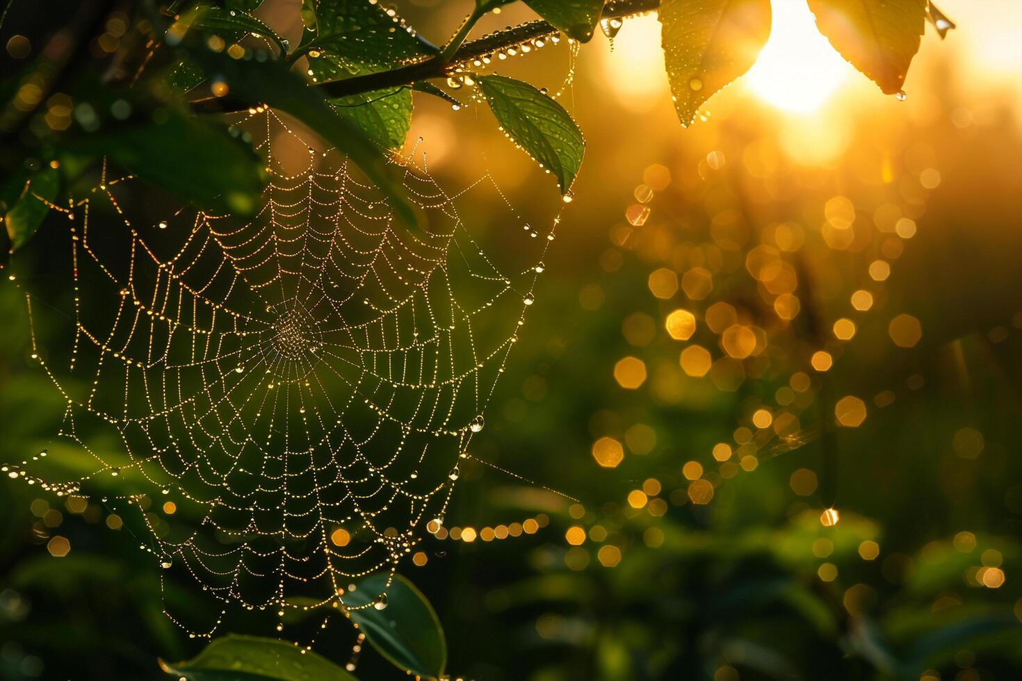 Sparkling Dew Covered Spider Web in Morning Sunlight nature background photo