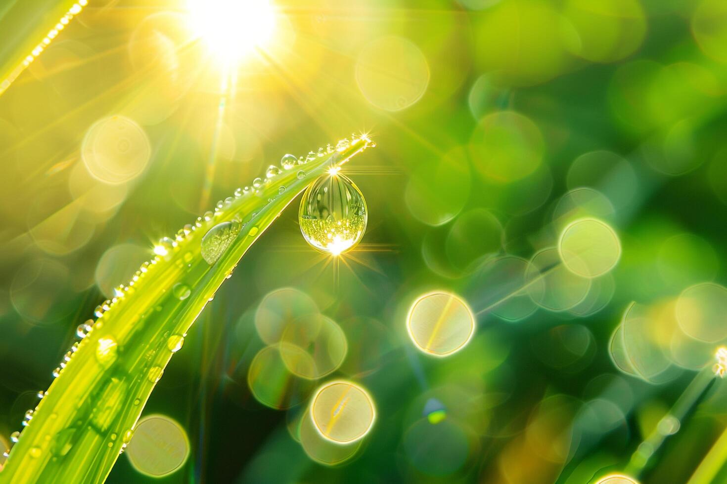 Raindrop on Blade of Grass in Morning Sunlight nature background photo