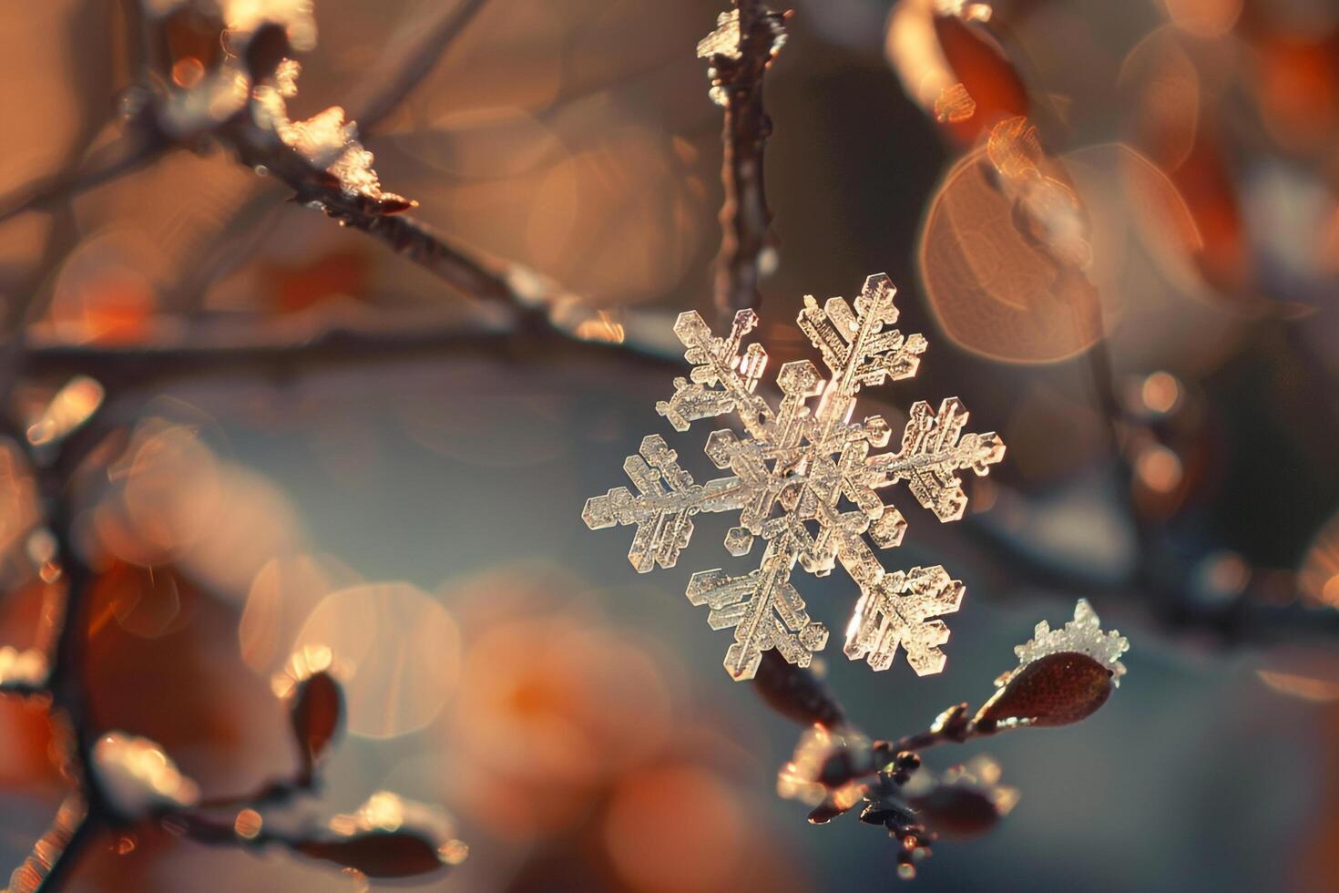 Intricate Snowflake on Tree Branch Revealing Crystalline Patterns nature background photo