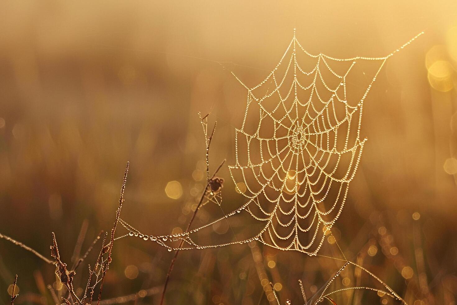Nature Morning Dew on Spiderwebs with Sunlight in a Misty Meadow  nature background photo