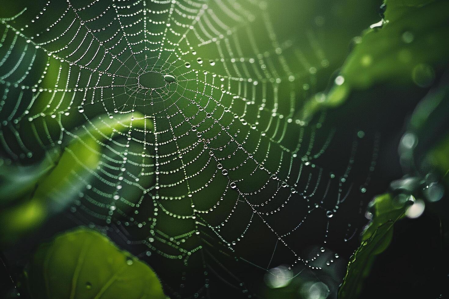 Nature Shimmering Patterns on Spiderwebs with Raindrops and Green Foliage  nature background photo
