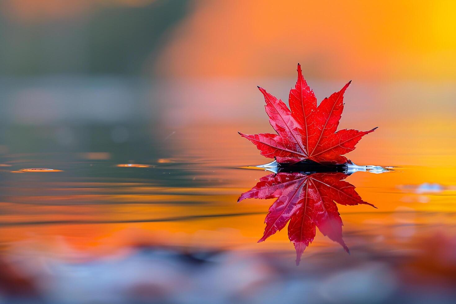 Single red maple leaf resting on reflective surface with ripples and autumn hues nature background photo