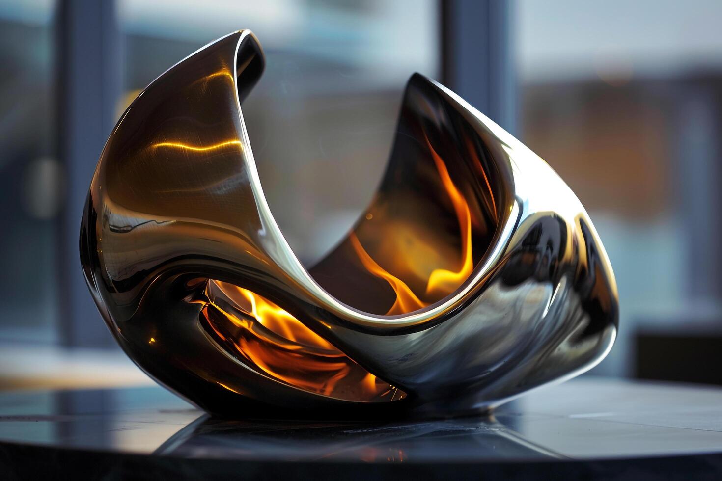 Abstract patterns of flames reflected in polished brass sculpture creating serene ambiance with nature background photo